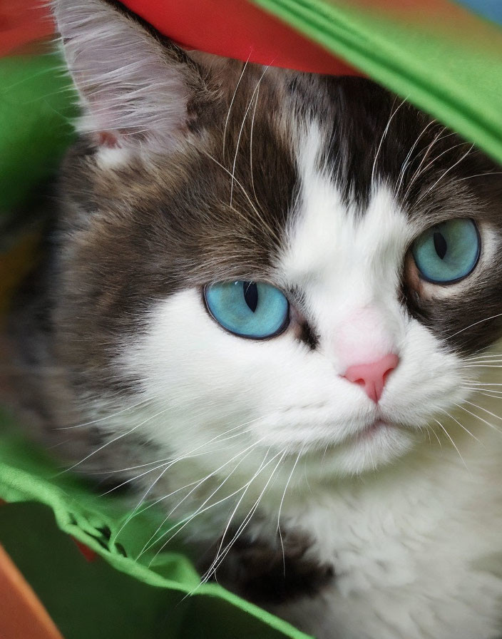 White and Brown Cat with Blue Eyes Under Green Fabric