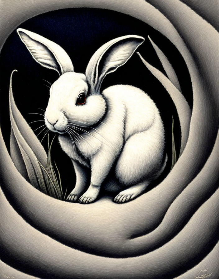 White Rabbit in Abstract Circular Void with Grass Accents in Grayscale Palette