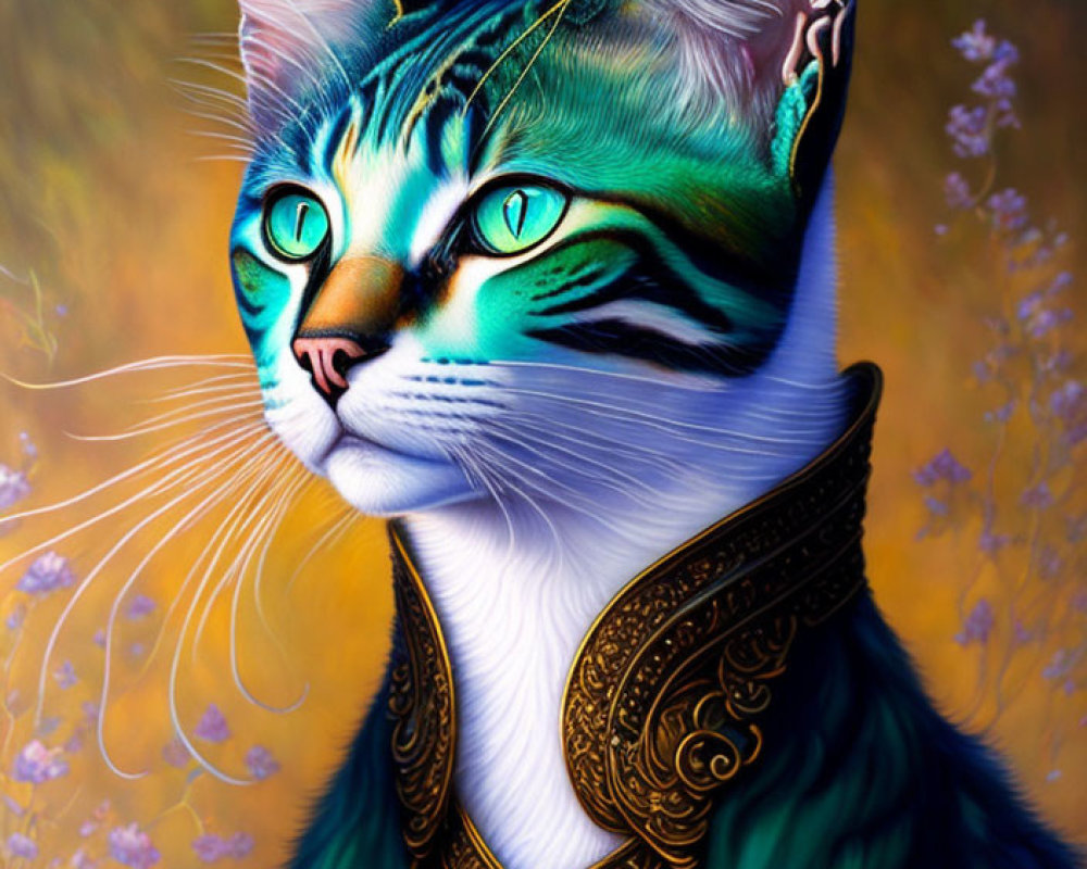 Colorful cat illustration with turquoise and green hues and golden collar on purple flower background