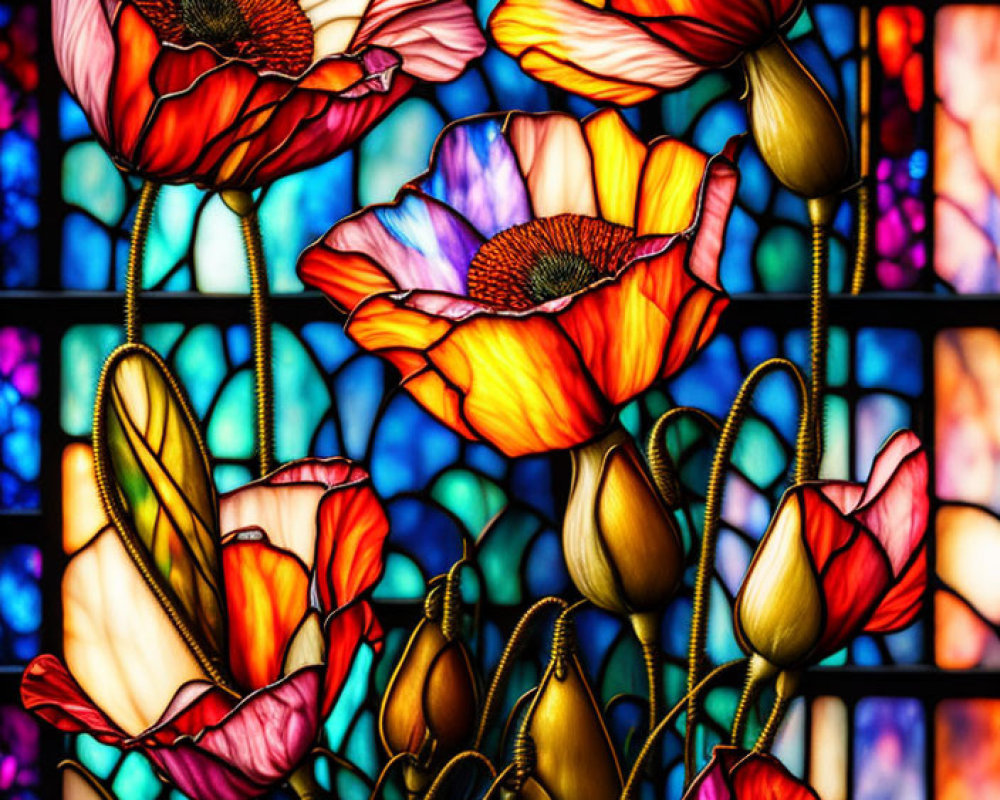 Colorful Flowers Stained Glass Window with Red, Orange, and Yellow Petals