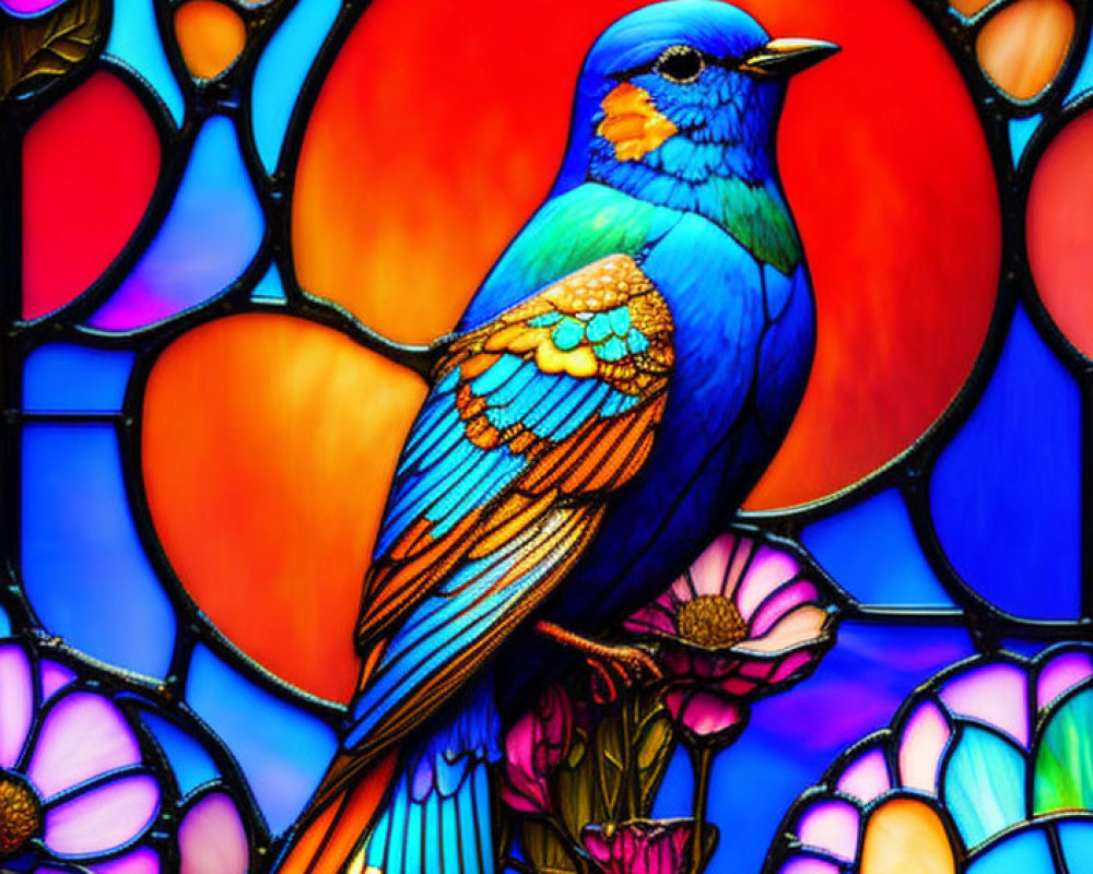 Colorful Stained Glass Artwork: Blue Bird on Floral Background