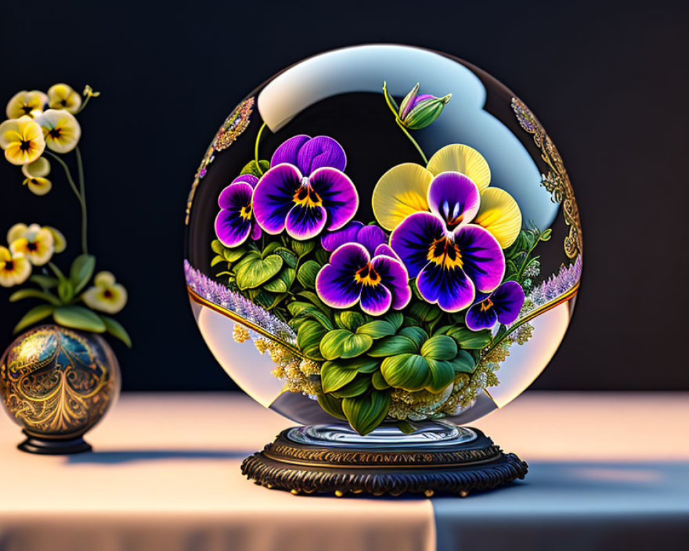 Vibrant Purple and Yellow Pansies Orb with Gold and Green Accents on Classic Stand