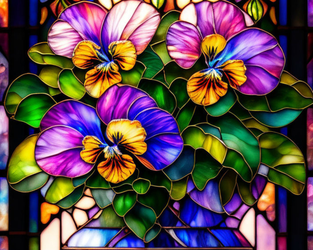Colorful Stained Glass Window with Pansies and Leaves in Purple and Blue Palette
