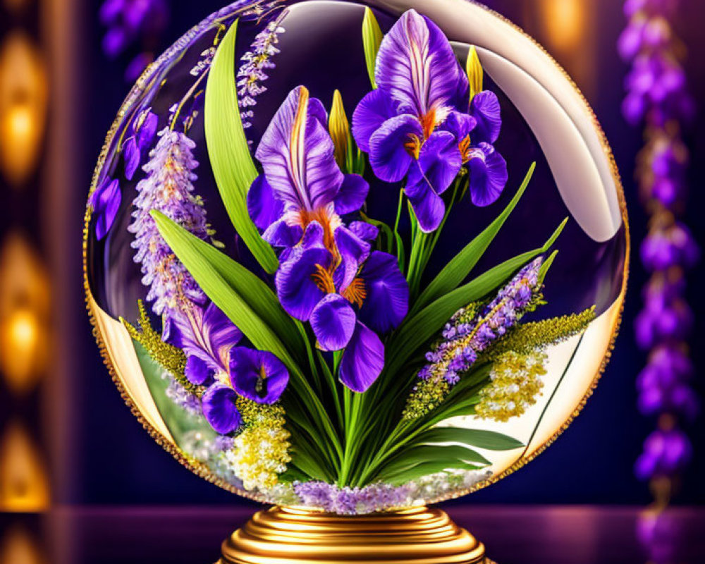 Colorful Iris and Yellow Flower Arrangement in Glass Globe with Golden Base