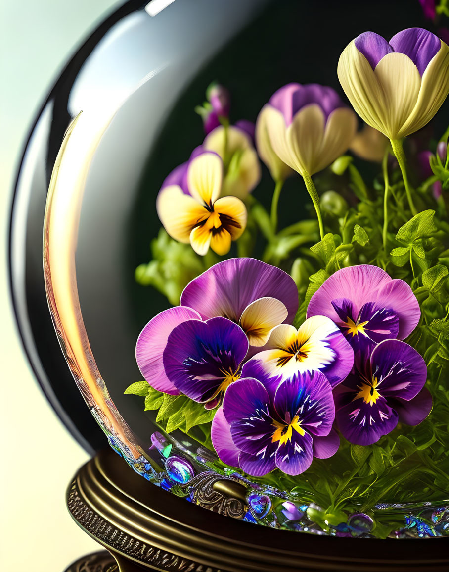 Vibrant pansies in purple, yellow, and white reflected in ornate mirror.