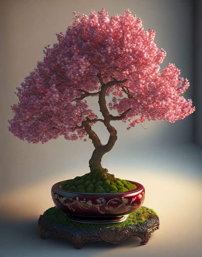 Pink bonsai tree in red pot under soft light