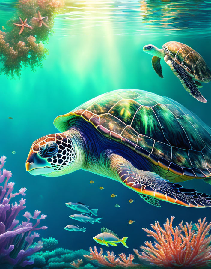 Sea Turtles Swimming Near Colorful Coral and Fish