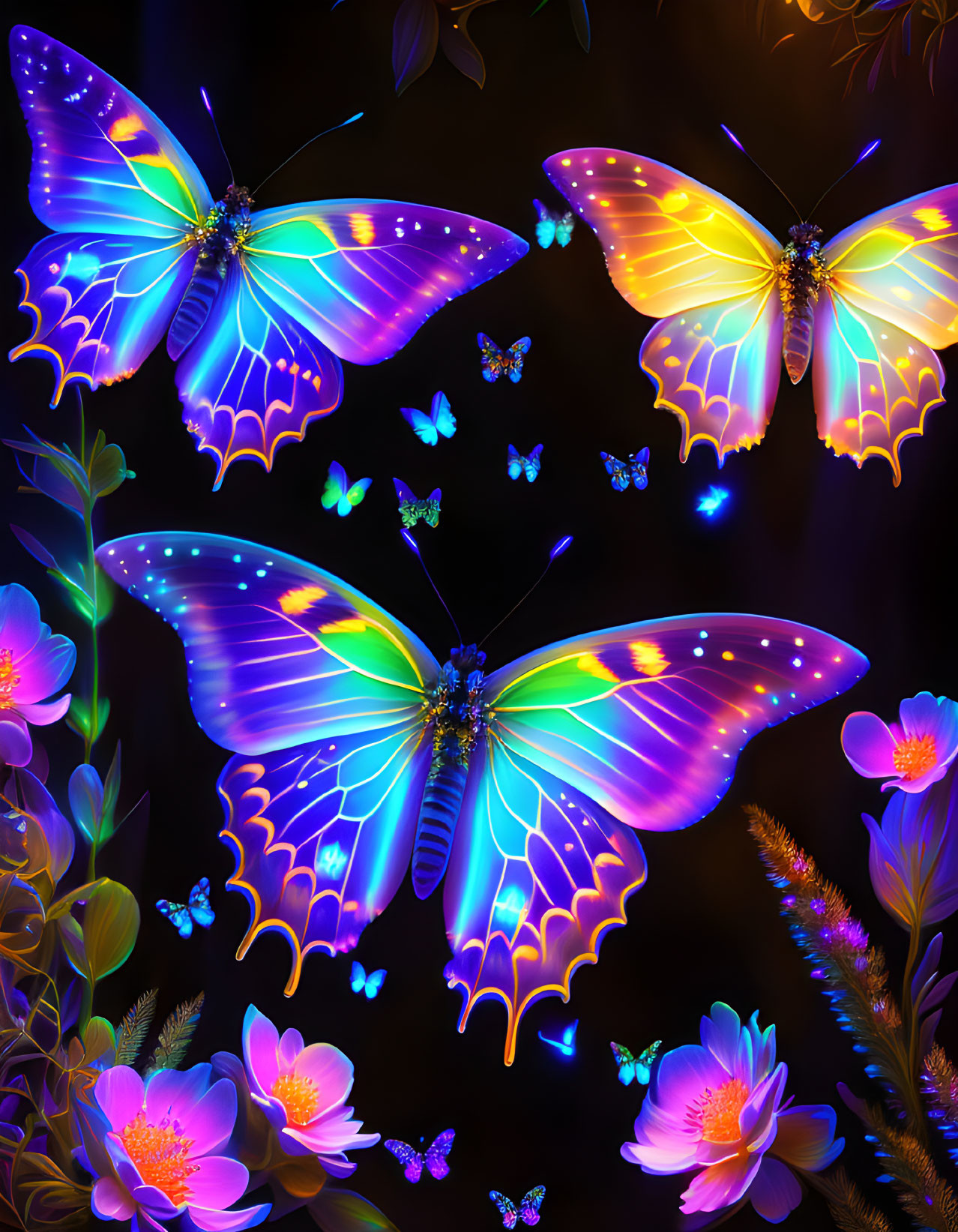 Colorful glowing butterflies fluttering among luminous flowers on dark background