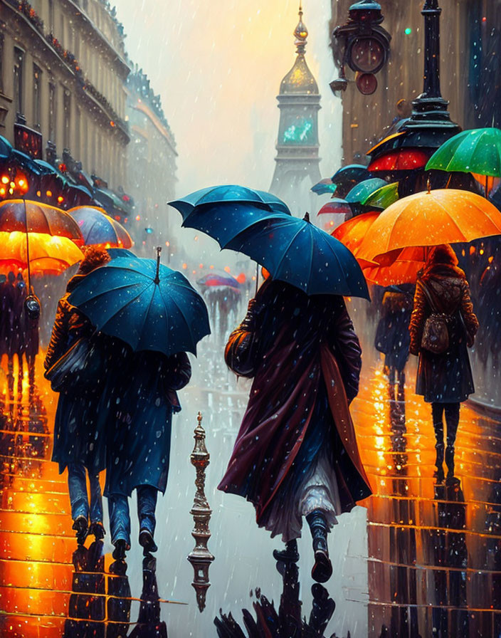 Colorful Umbrellas on Rainy Street with Glowing Lights and Classic Architecture