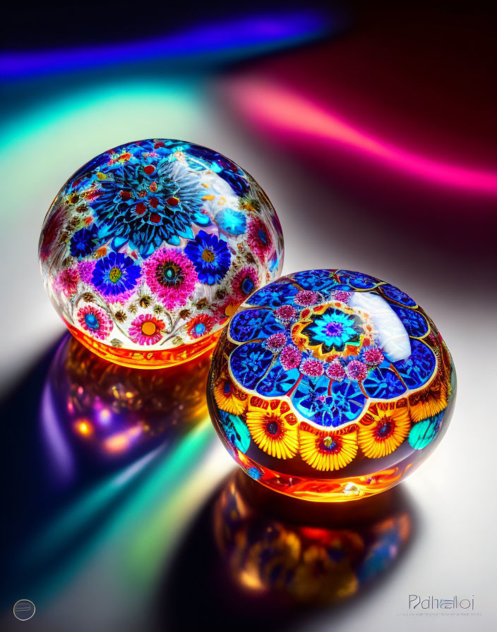 Colorful Glass Paperweights with Intricate Floral Patterns on Dark Background