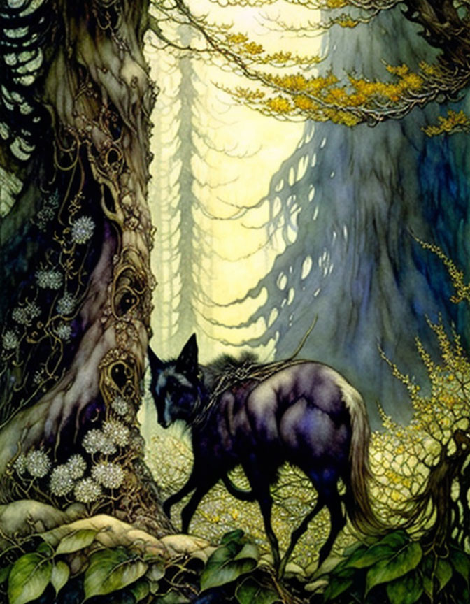 Mystical black wolf in enchanted forest with intricate trees and rich flora