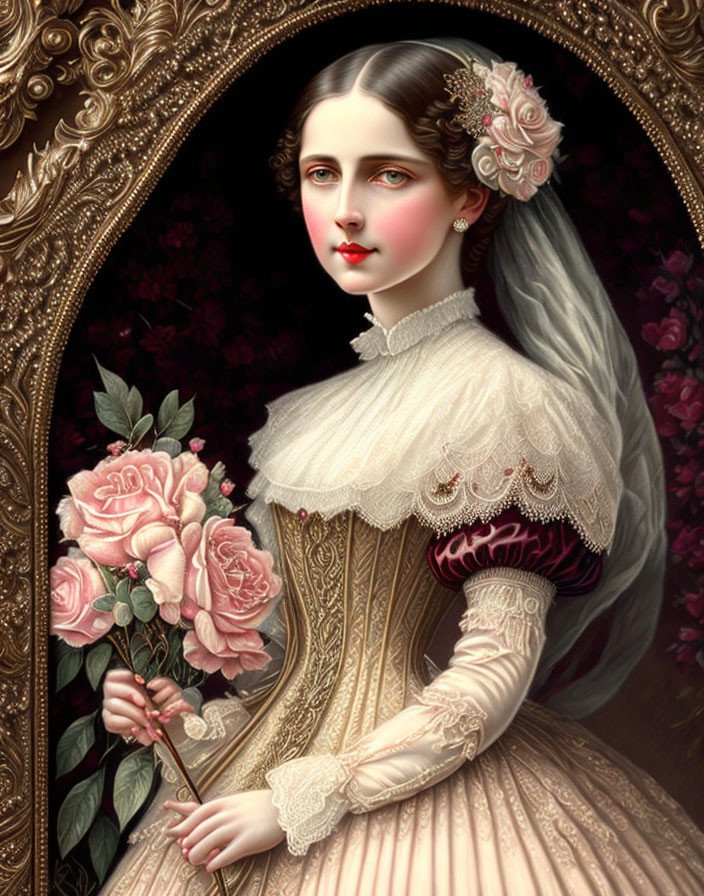 Victorian portrait of woman with pale skin and dark hair in ornate frame