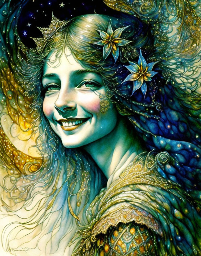 Whimsical woman with starry flowers in radiant blue and gold hues