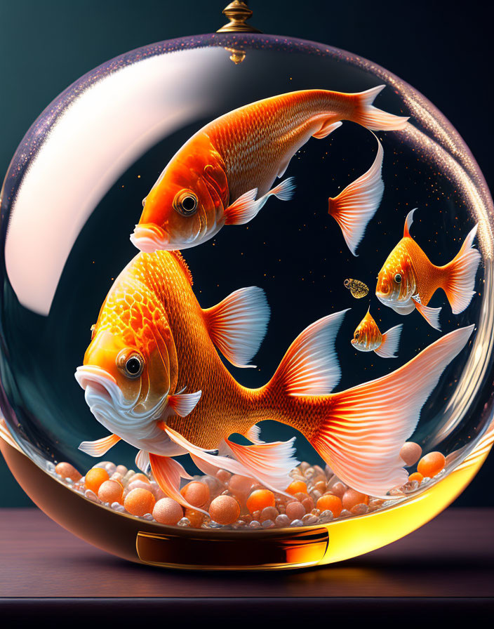 Three vibrant goldfish in spherical fishbowl with golden rim on dark backdrop