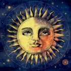 Illustration of Smiling Sun with Golden Aura in Starry Night Sky