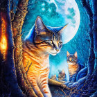 Whimsical cats under moonlit sky with blue and orange hues