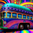 Colorful Psychedelic Bus Against Kaleidoscopic Background