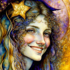 Illustrated woman with cosmic theme and golden patterns against deep space.