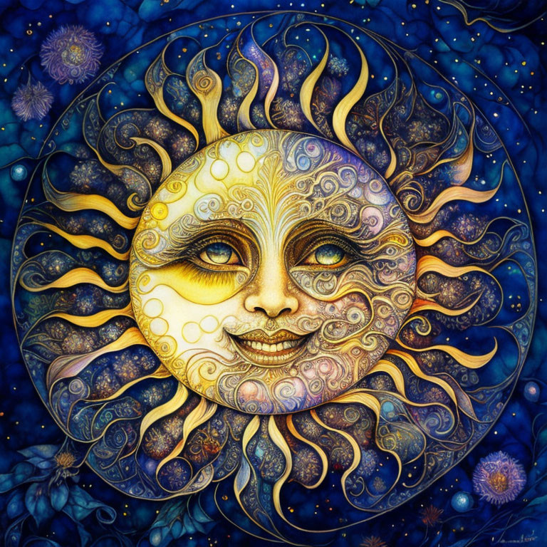 Celestial Body with Sun and Moon Features in Vibrant Colors