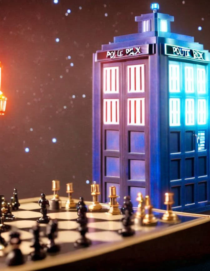 TARDIS-shaped model on chessboard with police box design, illuminated with bokeh effect.