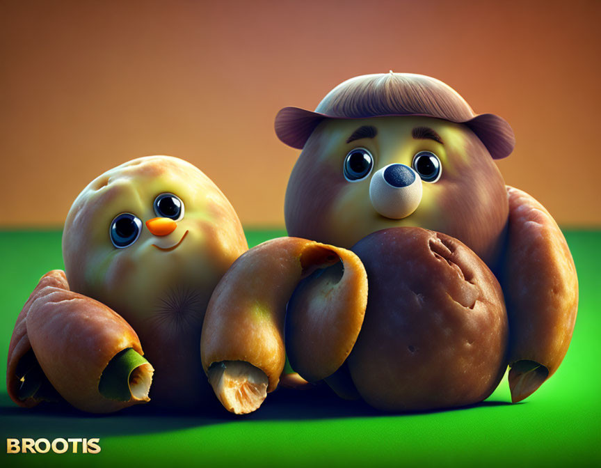Colorful anthropomorphic croissant and bun pastries with "BROOTIS" word on vibrant background