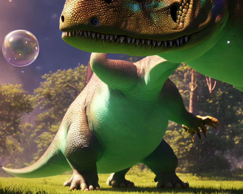 Animated dinosaur admires bubble in sunny forest clearing
