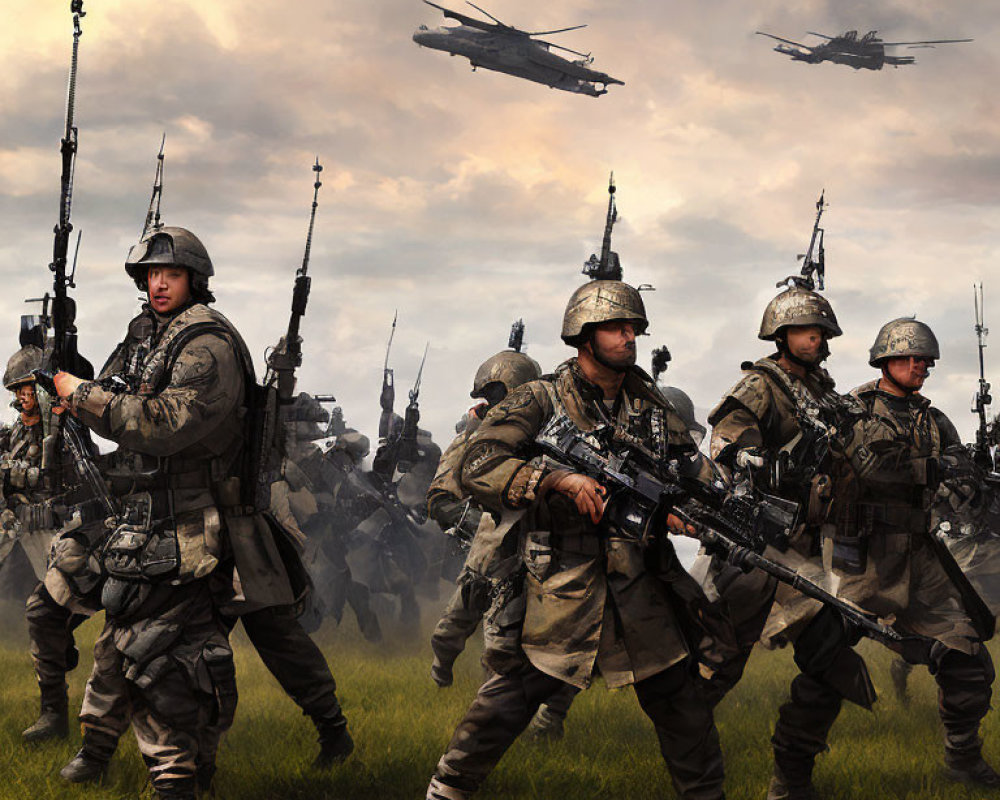 Military soldiers in combat gear marching with helicopters in cloudy sky.