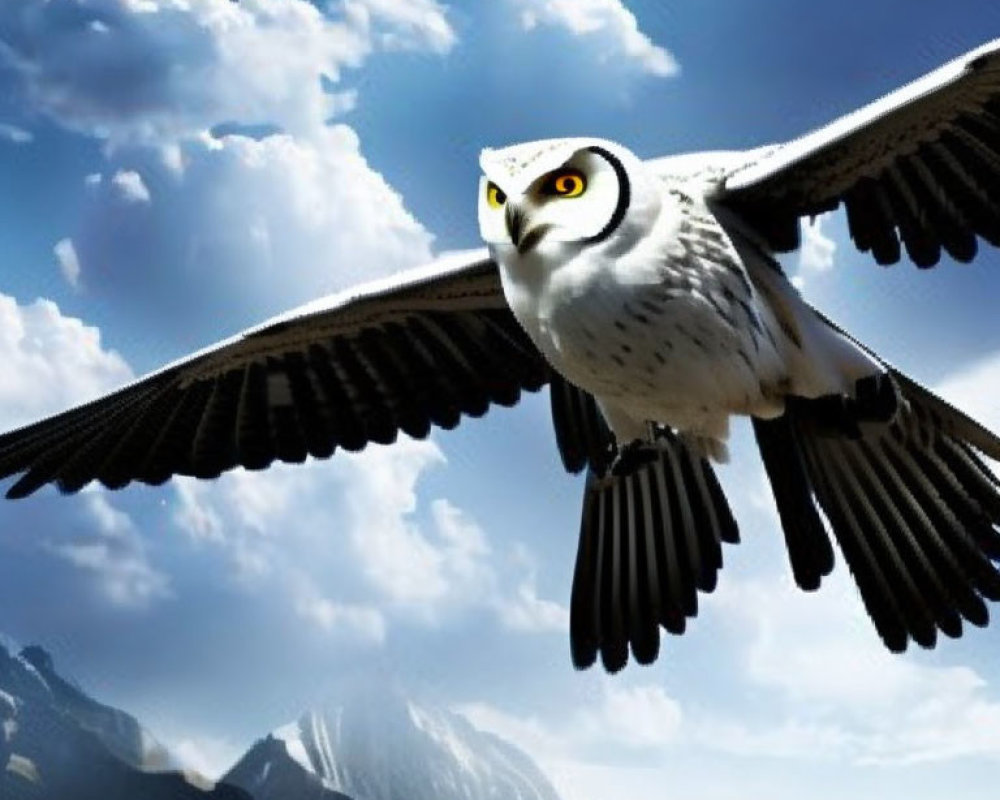 Snowy owl flying over picturesque mountains and blue sky.
