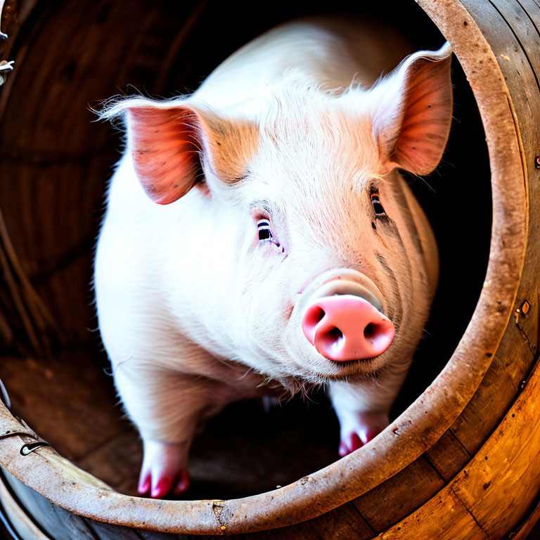 Curious pink pig peeking from wooden barrel
