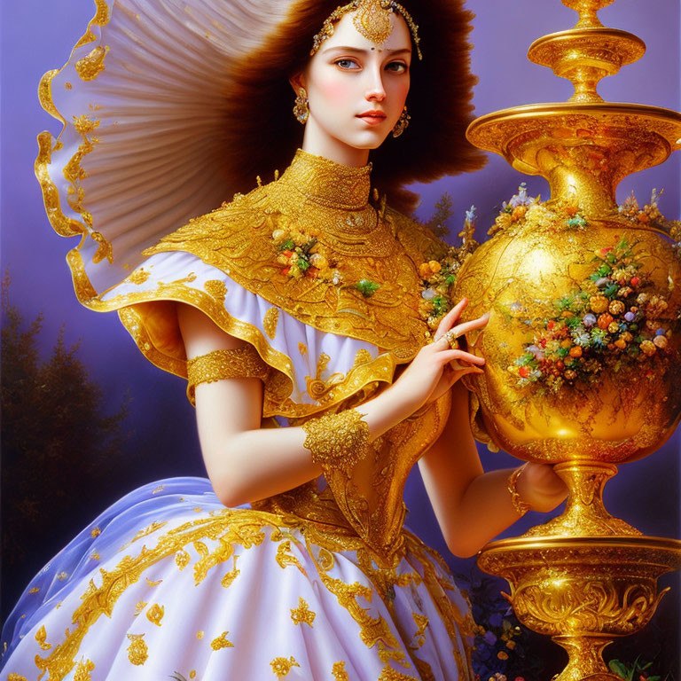 Woman in ornate golden and white dress with large vase in mystical setting