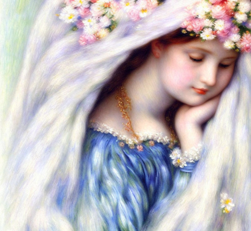 Dreamy young woman with floral wreath, white veil, blue dress.