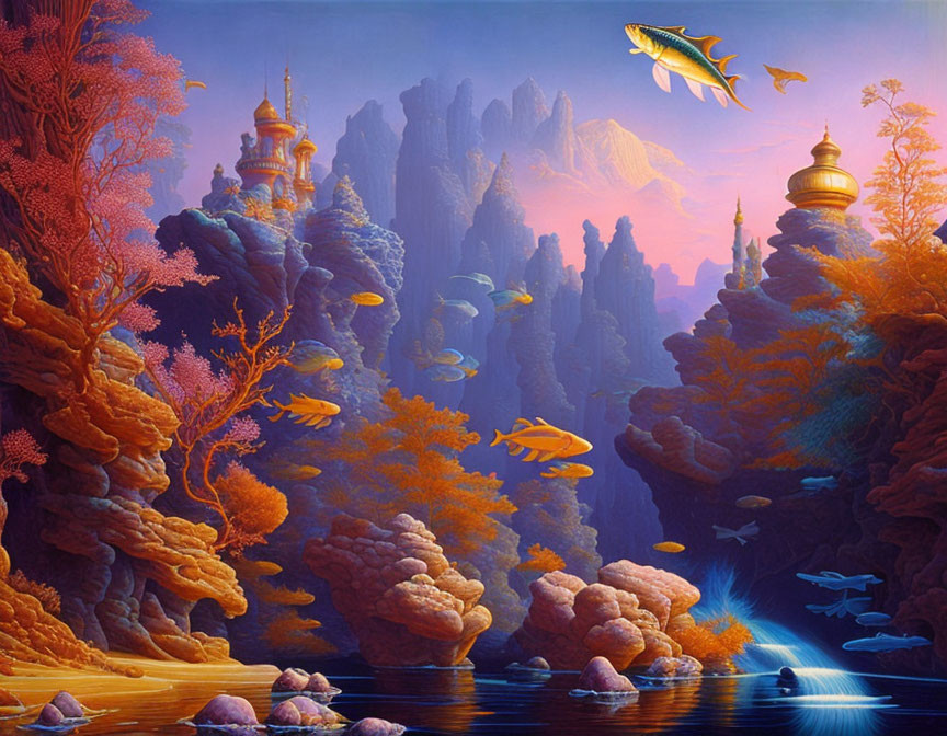 Colorful Fish, Coral, and Floating Castles in Underwater Scene