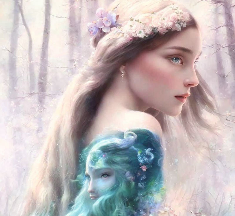 Profile of a woman with floral headband merging with fantastical figure against misty woodland backdrop