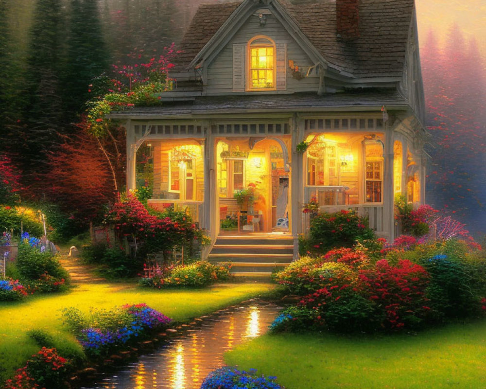 Victorian house with gardens and stream at sunset