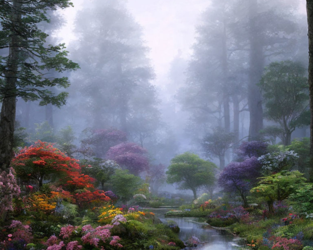 Misty forest stream with vibrant flora and foggy trees