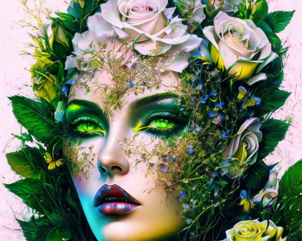 Woman's face with flowers and butterflies in digital art