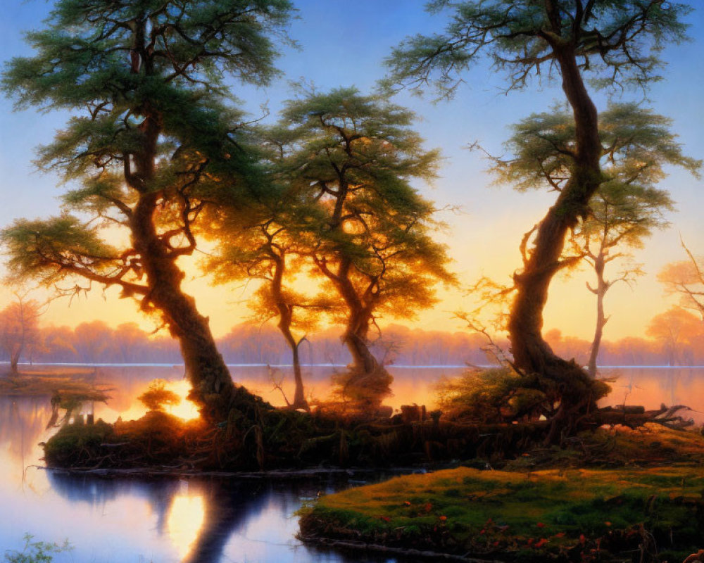 Golden Light Through Twisted Trees on Serene Island at Sunrise