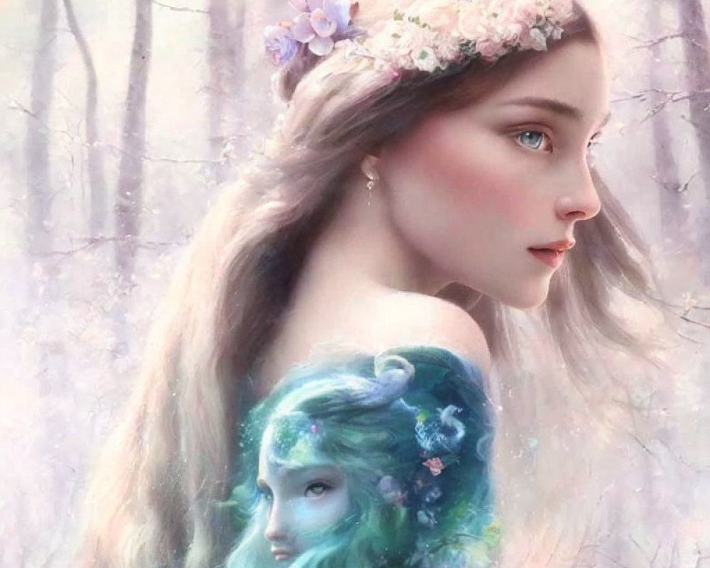 Profile of a woman with floral headband merging with fantastical figure against misty woodland backdrop
