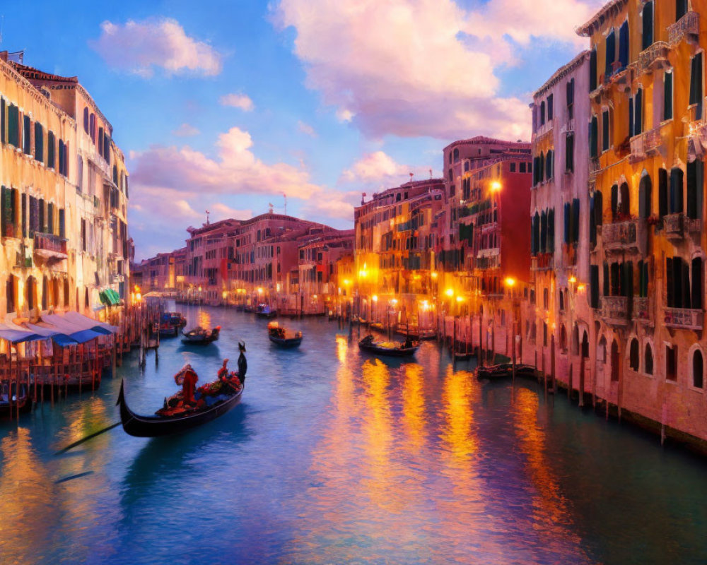 Venetian canal at sunset with gondolas and historic buildings reflected in warm light