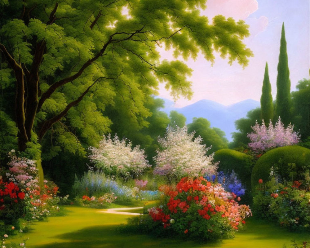 Vibrant Flowers, Green Lawn, Trees, and Hills in Illuminated Garden