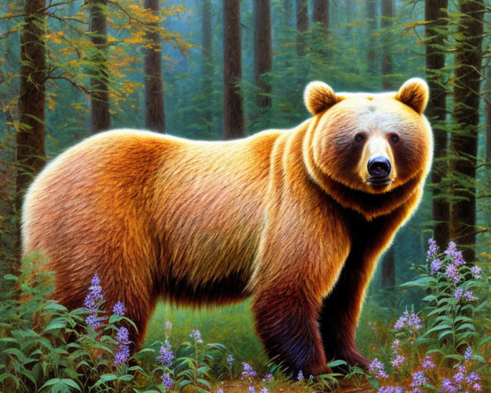 Brown bear in sunlit forest with purple flowers and towering trees