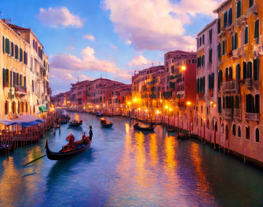 Venetian canal at sunset with gondolas and historic buildings reflected in warm light