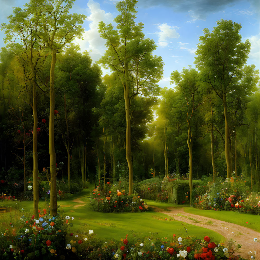 Tranquil woodland scene with tall trees and colorful flowers under soft sunlight