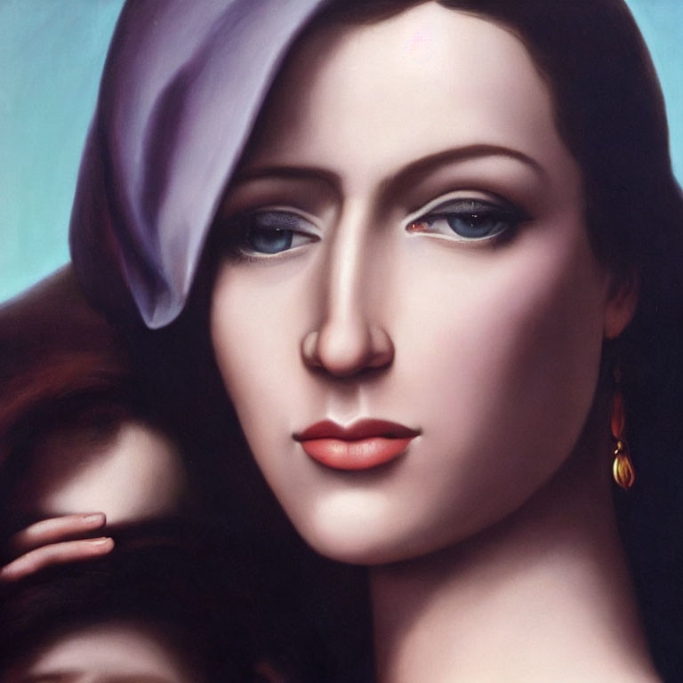 Detailed portrait of a woman with purple headscarf and subtle makeup