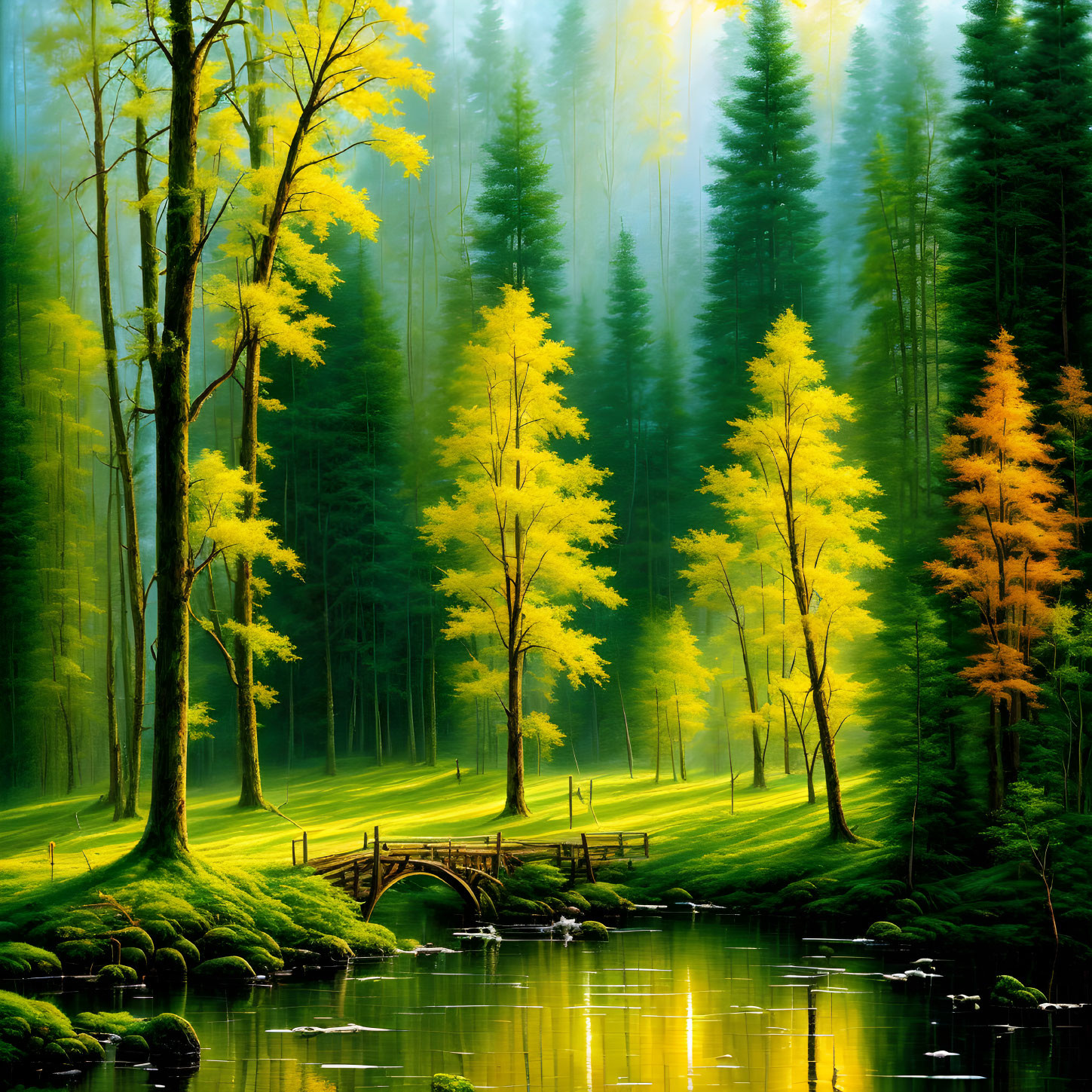 Verdant forest with yellow foliage and serene pond.