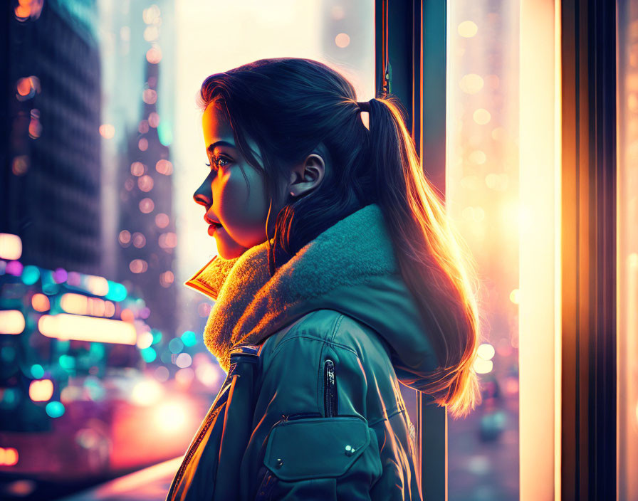 Woman in teal jacket by window at dusk with city lights reflecting around her