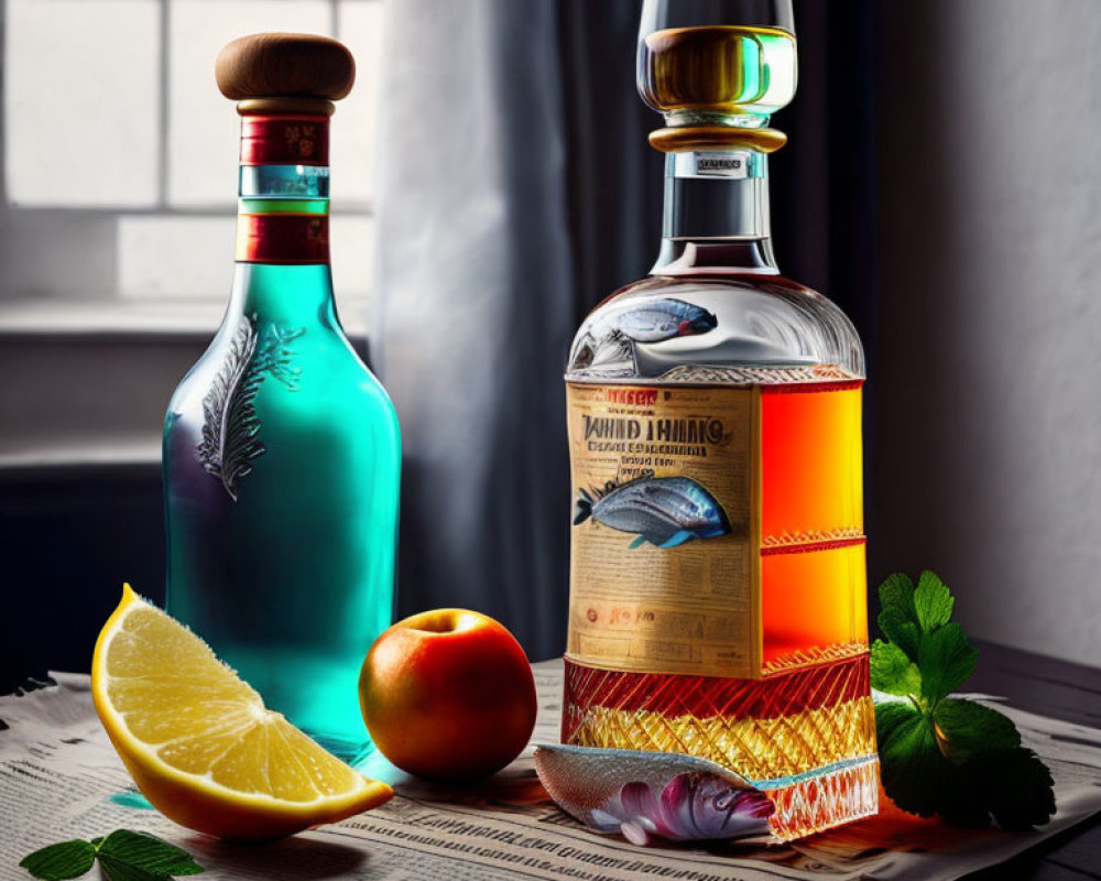 Still life image: whiskey bottle with fish label, blue bottle, fruit slices, mint leaves on table