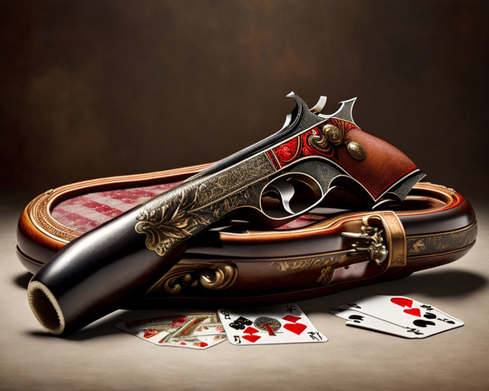 Vintage-style Pistol with Scattered Playing Cards on Textured Background
