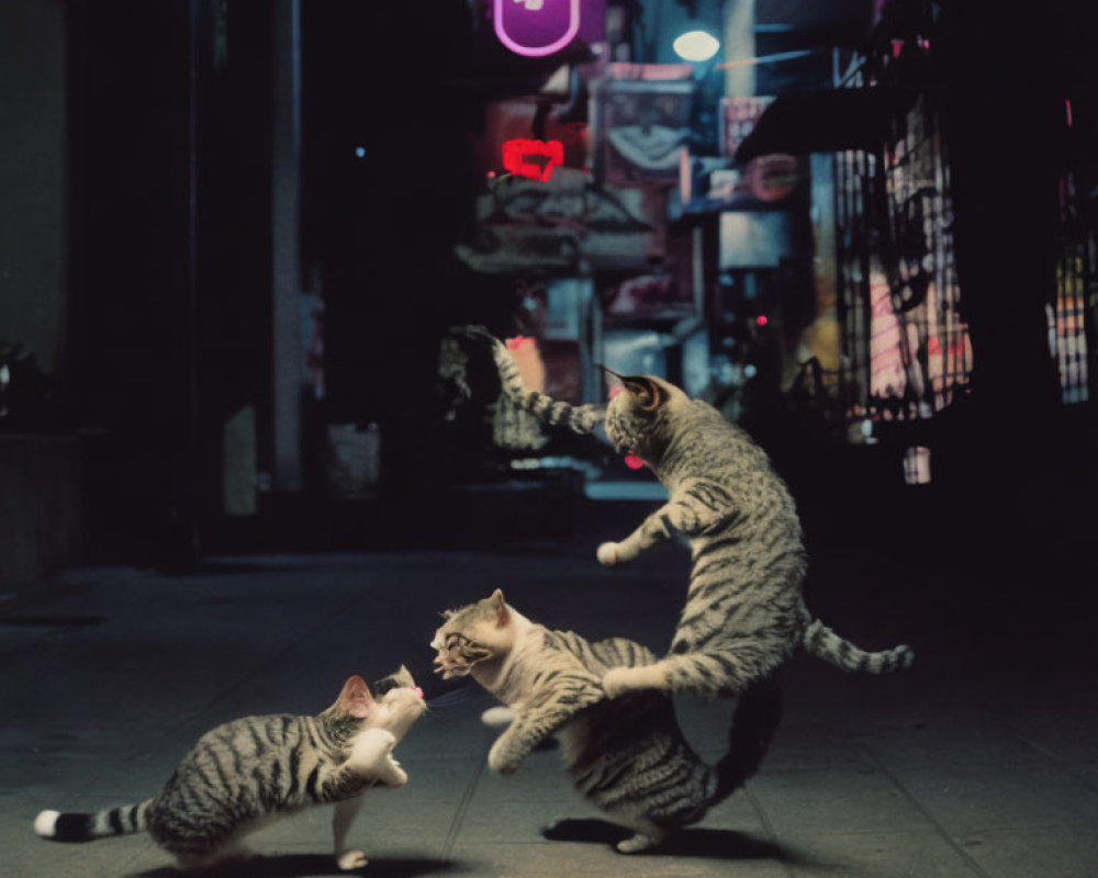 Three Striped Cats Play on Dimly Lit Street at Night with Neon Signs