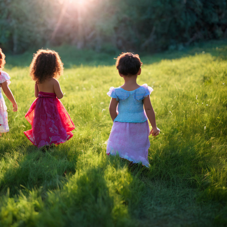 Three young girls in dresses walking in sunlit field